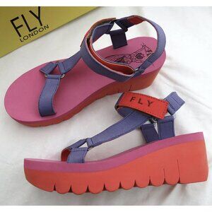 NIB $195 Fly London YEFA726FLY Yefa Portugal 38 (7) Orange / Violet Rose Wedge